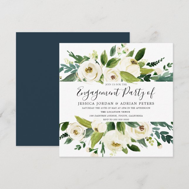 Elegant Greenery White Floral Engagement Party Einladung (Vorne/Hinten)