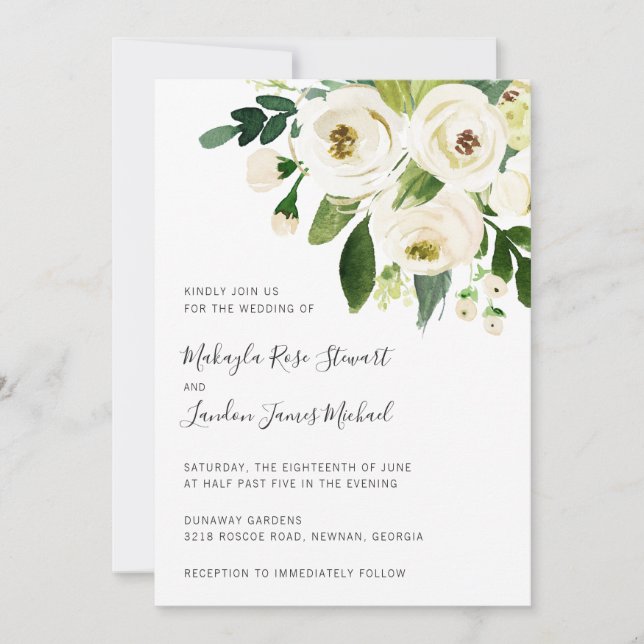 Elegant Greenery White Floral Wedding Einladung (Vorderseite)