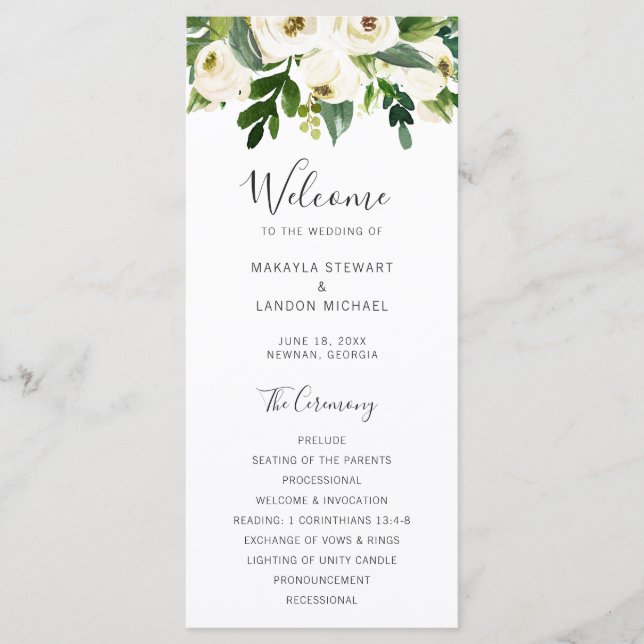 Elegant Greenery White Floral Wedding Programm (Vorderseite)