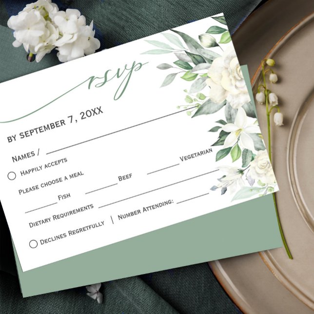 Elegant Greenery White Winter Floral RSVP Karte (Elegant Greenery White Winter Floral RSVP Card #greenery #rustic #zazzlemade #whiteflowers)