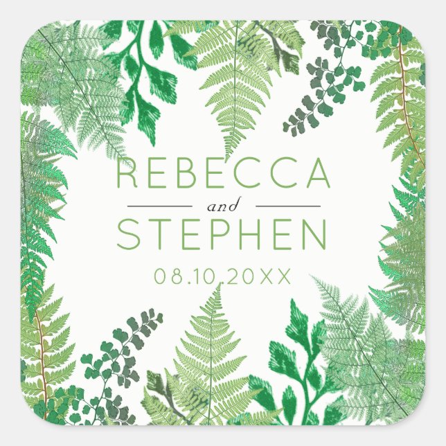 Elegant Greenery | Wild Ferns Wedding Quadratischer Aufkleber (Vorderseite)