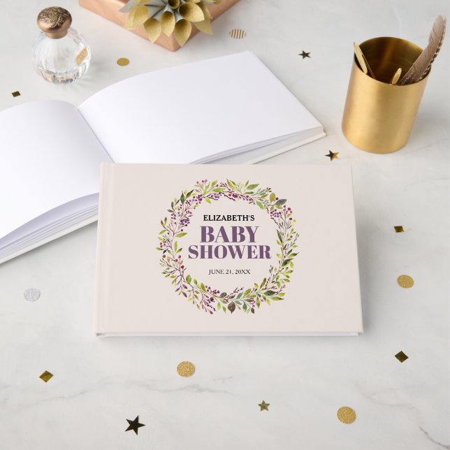 Elegant Greenery Wreath Baby Shower Gästebuch (Vorderseite Offen)