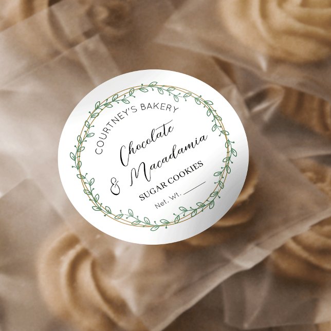 Elegant Greenery Wreath Bakery Cupcakes Cookies Runder Aufkleber (Stylish greenery wreath cookie stickers featuring modern calligraphy and minimal layout)