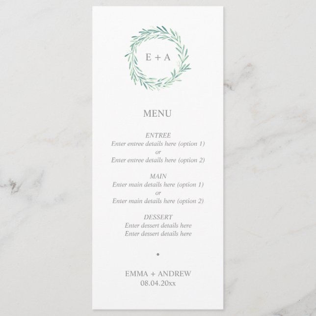 Elegant Greenery Wreath Monogram Wedding Menu Menükarte (Vorderseite)