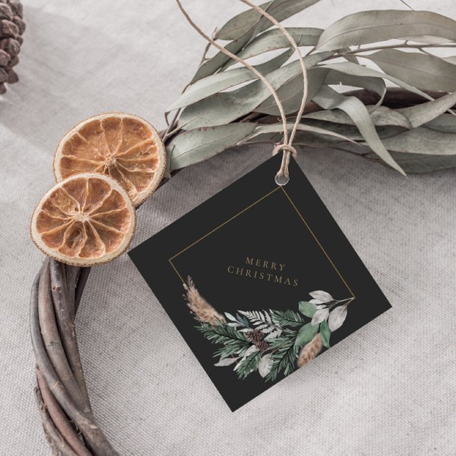 Elegant Greenery Wreath on Black Merry Christmas Geschenkanhänger (Von Creator hochgeladen)