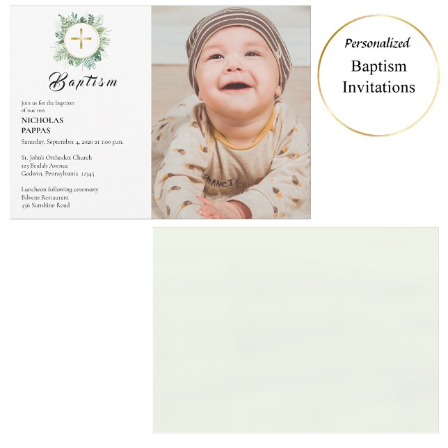Elegant Greenery Wreath Orthodox Christliche Taufe Einladung (Von Creator hochgeladen)