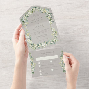 Elegant Greige Snowberry+Eucalyptus Wedding All In One Einladung