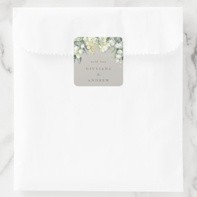 Elegant Greige Snowberry+Eucalyptus Wedding Quadratischer Aufkleber (Tasche)