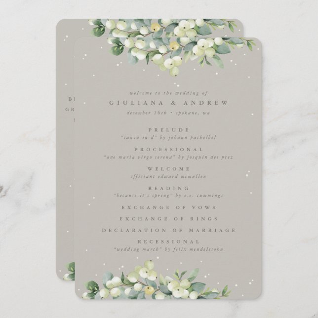 Elegant Greige Snowberry+Eucalyptus Winter Wedding Programm (Vorne/Hinten)