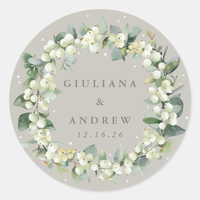 Elegant Greige Snowberry+Eucalyptus Wreath Wedding Runder Aufkleber (Vorderseite)