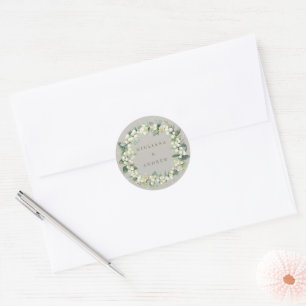 Elegant Greige Snowberry+Eucalyptus Wreath Wedding Runder Aufkleber