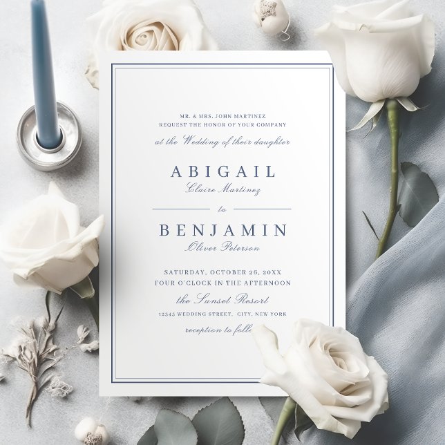 Elegant grenzt an staubige blaue Minimalistin Einladung (Elegant borders dusty blue minimalist wedding invitation)