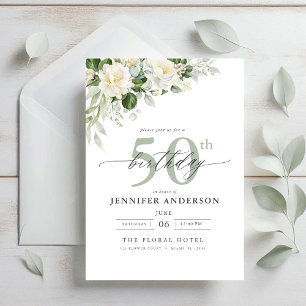 Elegant Grey Green Floral 50. Geburtstag Einladung