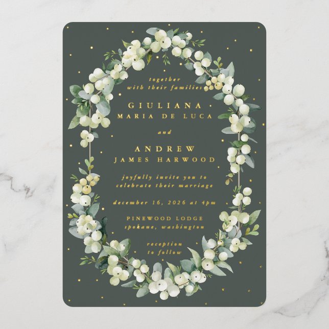 Elegant Grey Green Snowberry+Eucalyptus Wedding Folieneinladung (Vorderseite)