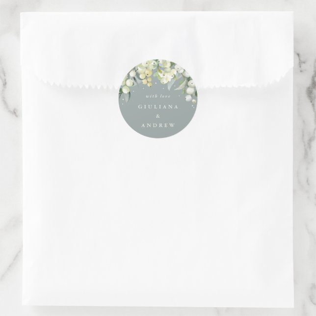 Elegant Grey Green Snowberry+Eucalyptus Wedding Runder Aufkleber (Tasche)