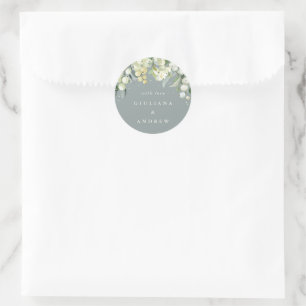 Elegant Grey Green Snowberry+Eucalyptus Wedding Runder Aufkleber