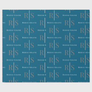 Elegant Grey Monogram & White Name, Blue Geschenkpapier