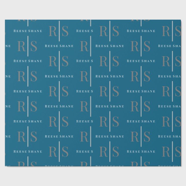 Elegant Grey Monogram & White Name, Blue Geschenkpapier (Saum)