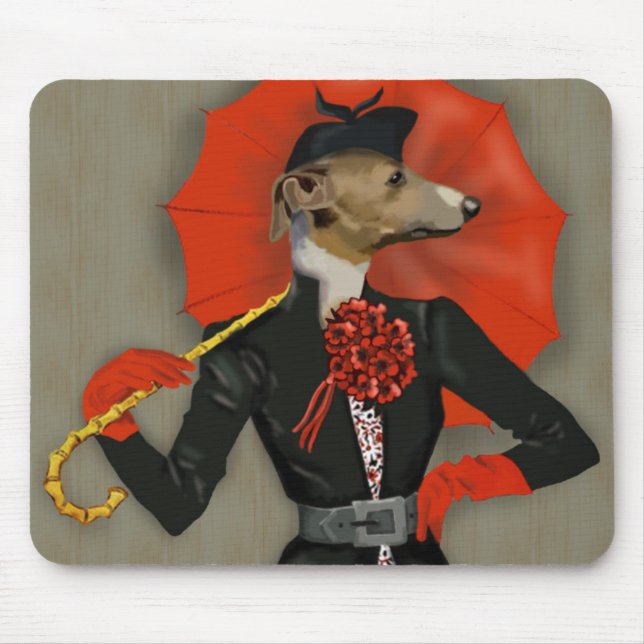 Elegant Greyhound und Roter Regenschirm Mousepad (Vorne)