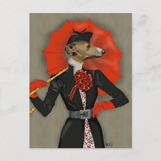 Elegant Greyhound und Roter Regenschirm Postkarte (Vorderseite)