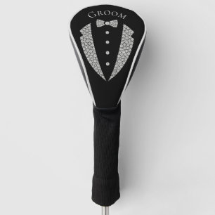 Elegant Groom Tuxedo Silver Typografy Wedding Golf Headcover
