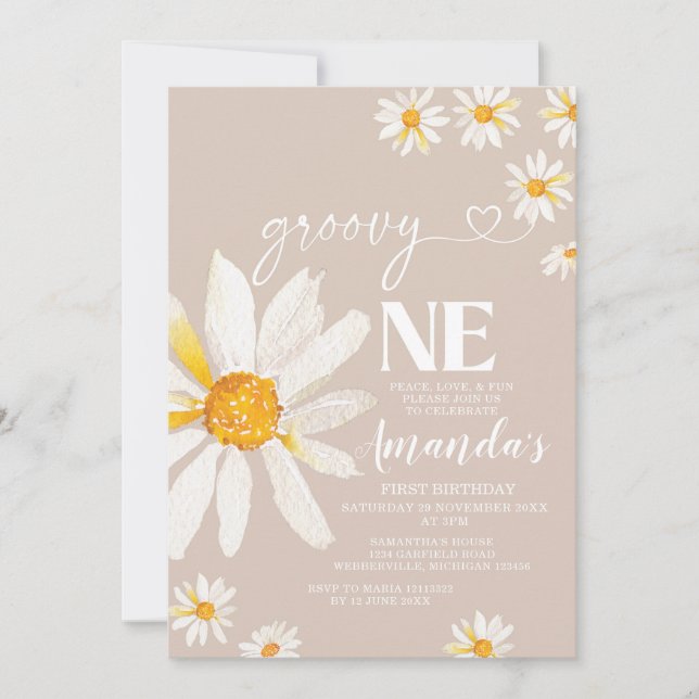 Elegant Groovy One Birthday Boho Daisy Blume Einladung (Vorderseite)