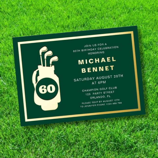 Elegant Grren Golf 60th Birthday Folieneinladung (Elegant Golf 60th Birthday Gold Foil Invitation)