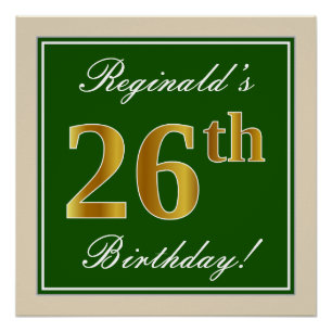 Elegant, Grün, Falsches Gold 26. Geburtstag + Name Poster