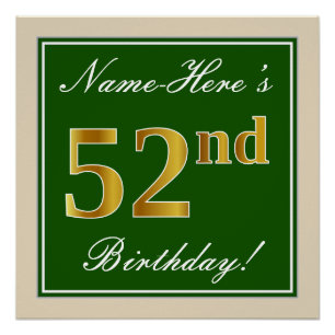 Elegant, Grün, Falsches Gold 52. Geburtstag + Name Poster