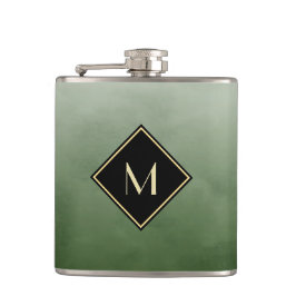 Elegant grün gebürstet mit einfachem Goldmonogramm Flachmann