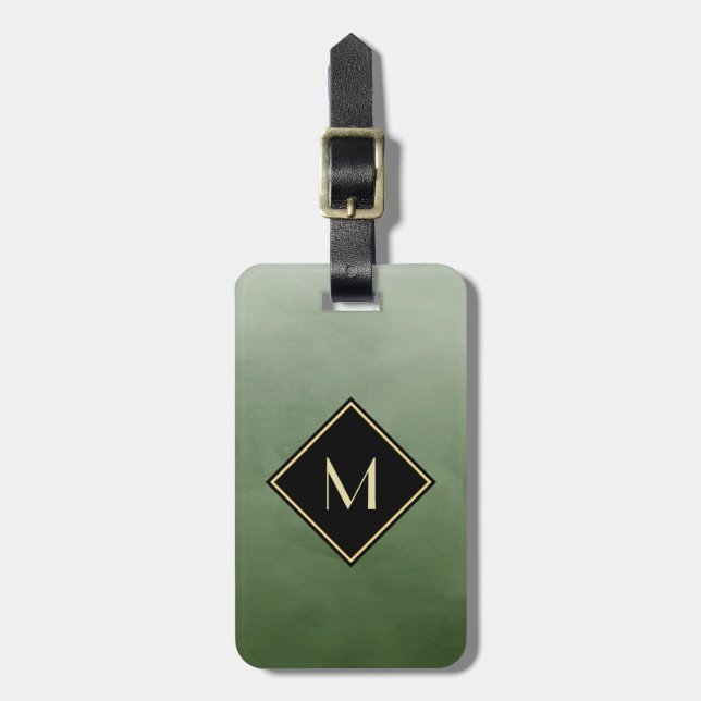 Elegant grün gebürstet mit einfachem Goldmonogramm Gepäckanhänger (Vorderseite vertikal)