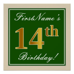 Elegant, grün, Imitate Gold 14. Geburtstag + Name Poster