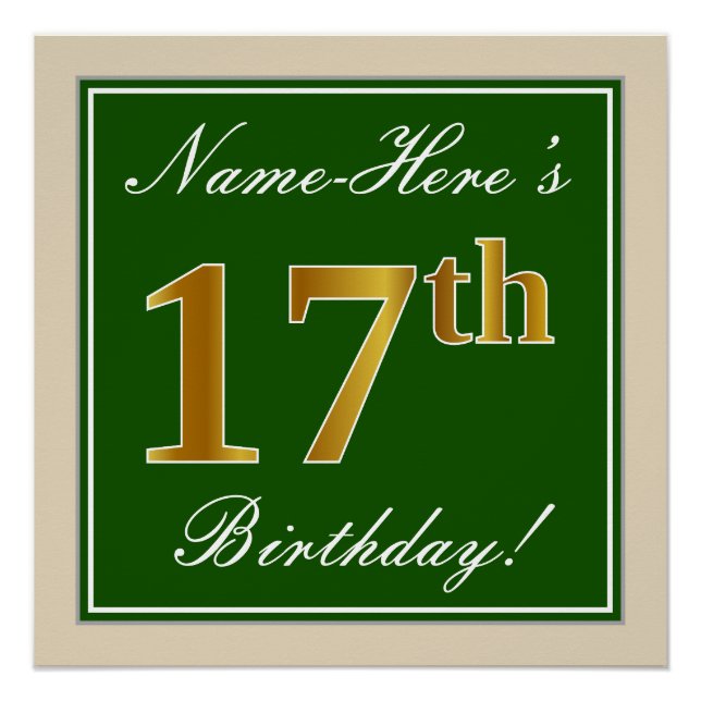 Elegant, grün, Imitate Gold 17. Geburtstag + Name Poster (Vorderseite)