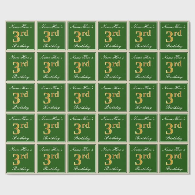 Elegant, grün, Imitate Gold 3. Geburtstag + Name Geschenkpapier (Flach)