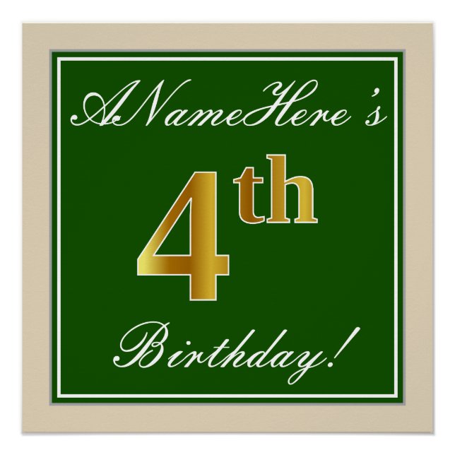 Elegant, grün, Imitate Gold 4. Geburtstag + Name Poster (Vorderseite)