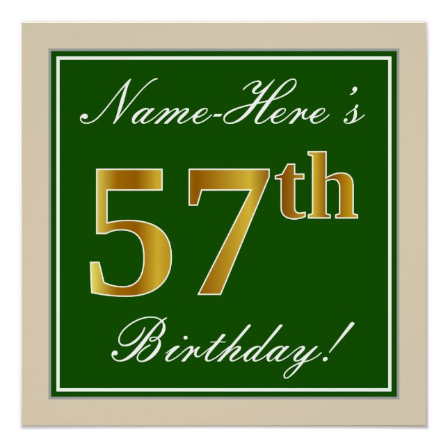 Elegant, grün, Imitate Gold 57. Geburtstag + Name Poster (Vorderseite)
