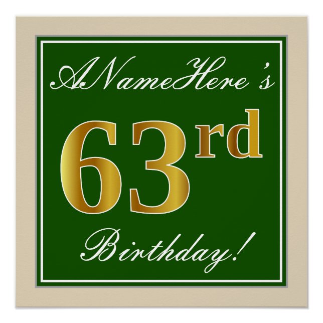 Elegant, grün, Imitate Gold 63. Geburtstag + Name Poster (Vorderseite)