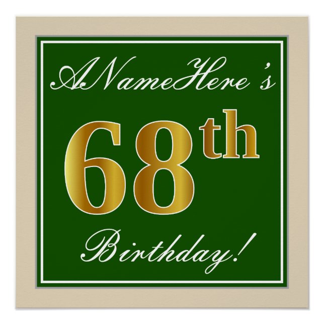 Elegant, grün, Imitate Gold 68. Geburtstag + Name Poster (Vorderseite)