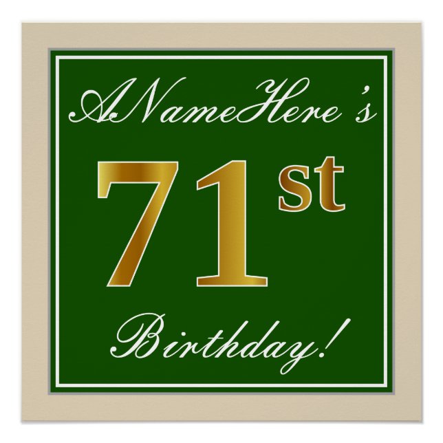 Elegant, grün, Imitate Gold 71. Geburtstag + Name Poster (Vorderseite)