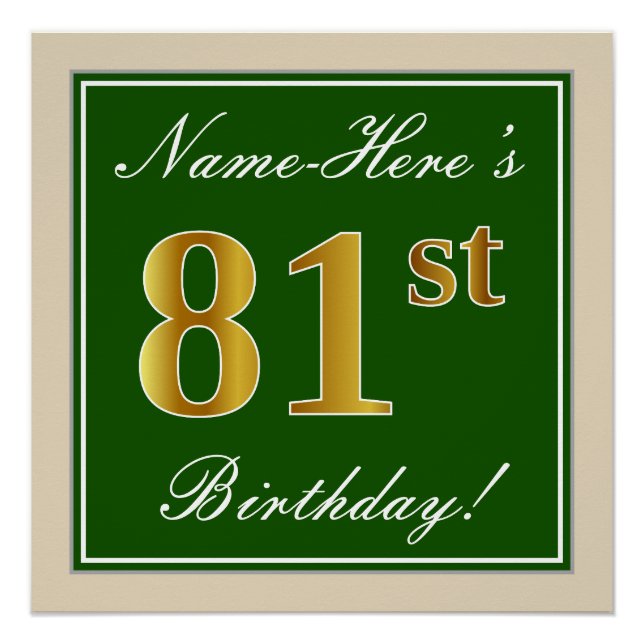 Elegant, grün, Imitate Gold 81. Geburtstag + Name Poster (Vorderseite)