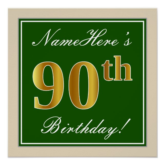 Elegant, grün, Imitate Gold 90. Geburtstag + Name Poster (Vorderseite)