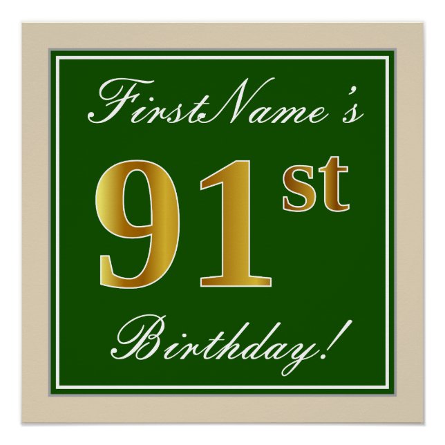 Elegant, grün, Imitate Gold 91. Geburtstag + Name Poster (Vorderseite)