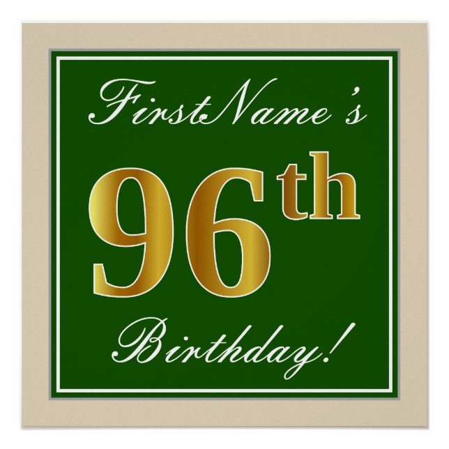 Elegant, grün, Imitate Gold 96. Geburtstag + Name Poster (Vorderseite)