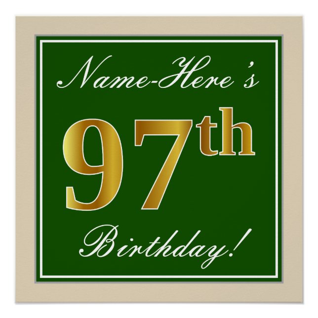 Elegant, grün, Imitate Gold 97. Geburtstag + Name Poster (Vorderseite)