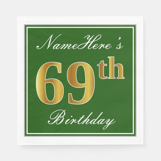 Elegant grün, Imitats Gold 69. Geburtstag + Name Serviette (Vorderseite)