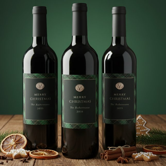 Elegant grün kariert Frohe Weihnachten Festlich Weinetikett (Christmas Green Plaid Wine Labels)