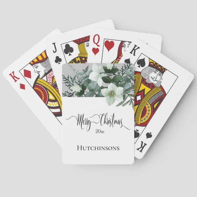 Elegant Grün Weiße Winter Blüte Frohe Weihnachten Spielkarten (Rückseite)