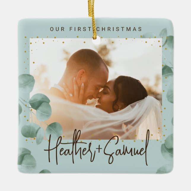 Elegant Grüne Merry und Verheiratetes Foto Keramikornament (Vorderseite)