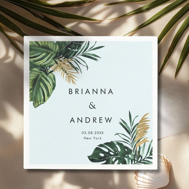 Elegant, grüner Palm, Gold (Nachahmung) Serviette (Custom, Elegant, Green Palm, Gold (Imitation) Light-Blue Napkins with your Name & Date.)