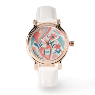 Elegant gürtelorange, cremefarben, aquamarine Blum Armbanduhr